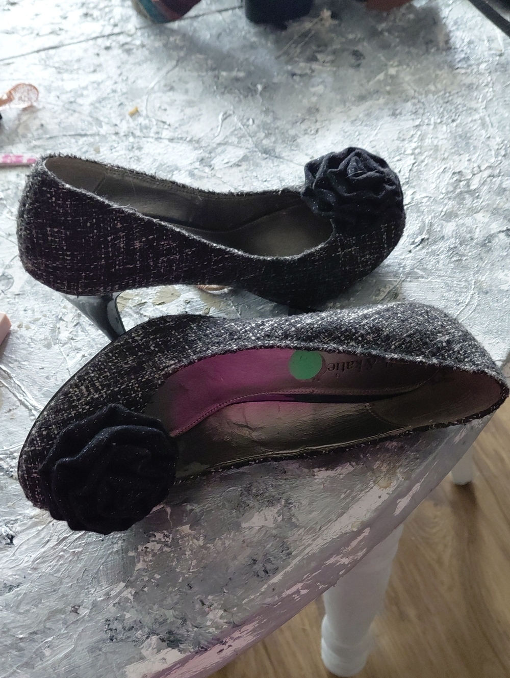 Black Tweed Heels with Floral Accent — Women’s Dress Pumps Kelly And Katite